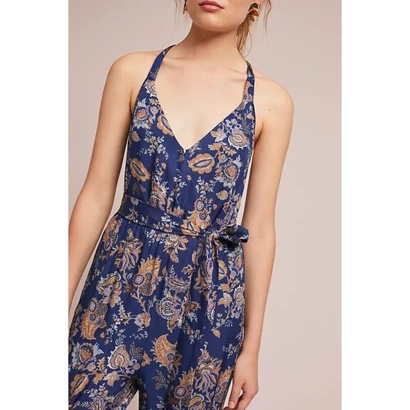 ett:twa Anthropologie Womens Paisley Jumpsuit S Navy Blue Floral Wide Leg - Picture 2 of 11